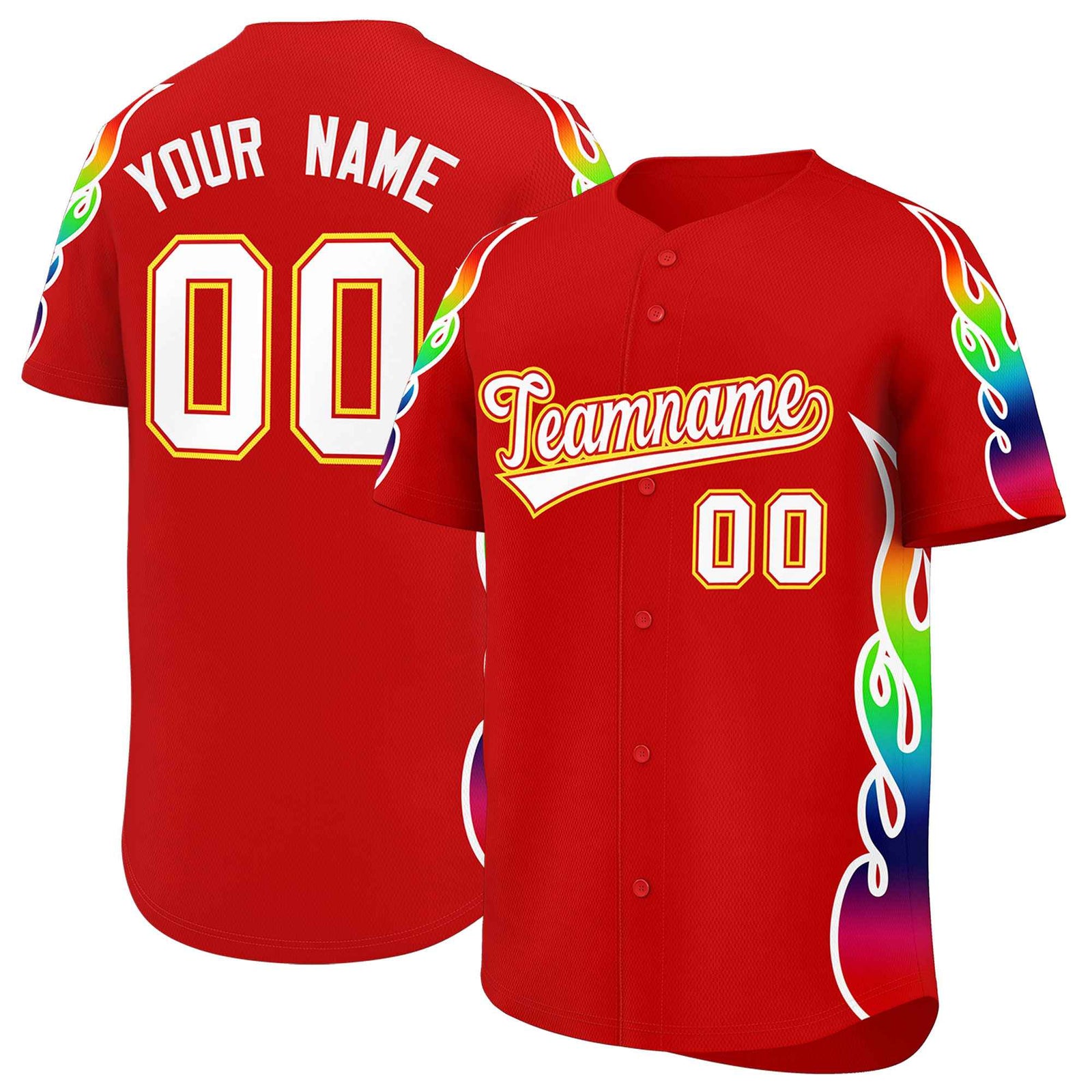 Custom Red Graffiti Pattern Personalized Multicolored Flames Print Authentic Baseball Jersey