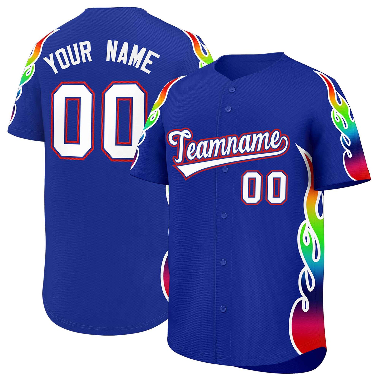 Custom Royal Graffiti Pattern Personalized Multicolored Flames Print Authentic Baseball Jersey