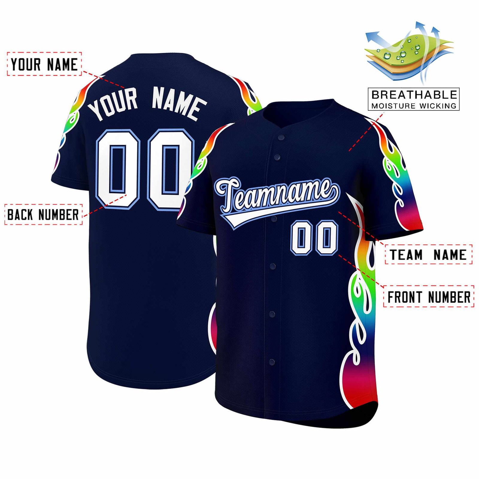 Custom Navy Graffiti Pattern Personalized Multicolored Flames Print Authentic Baseball Jersey