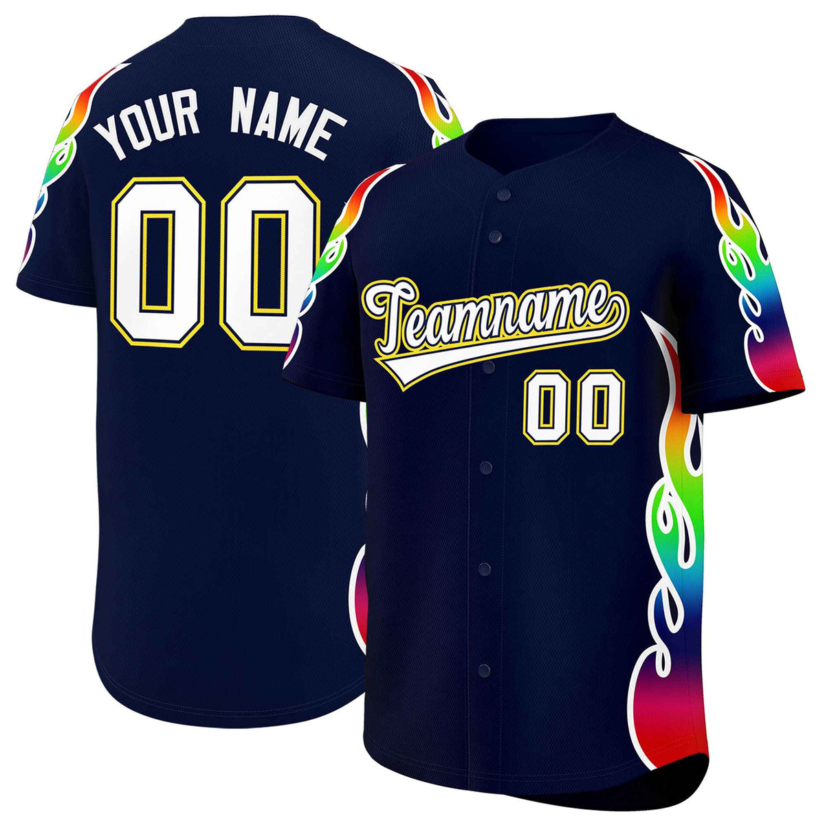 Custom Navy Graffiti Pattern Personalized Multicolored Flames Print Authentic Baseball Jersey