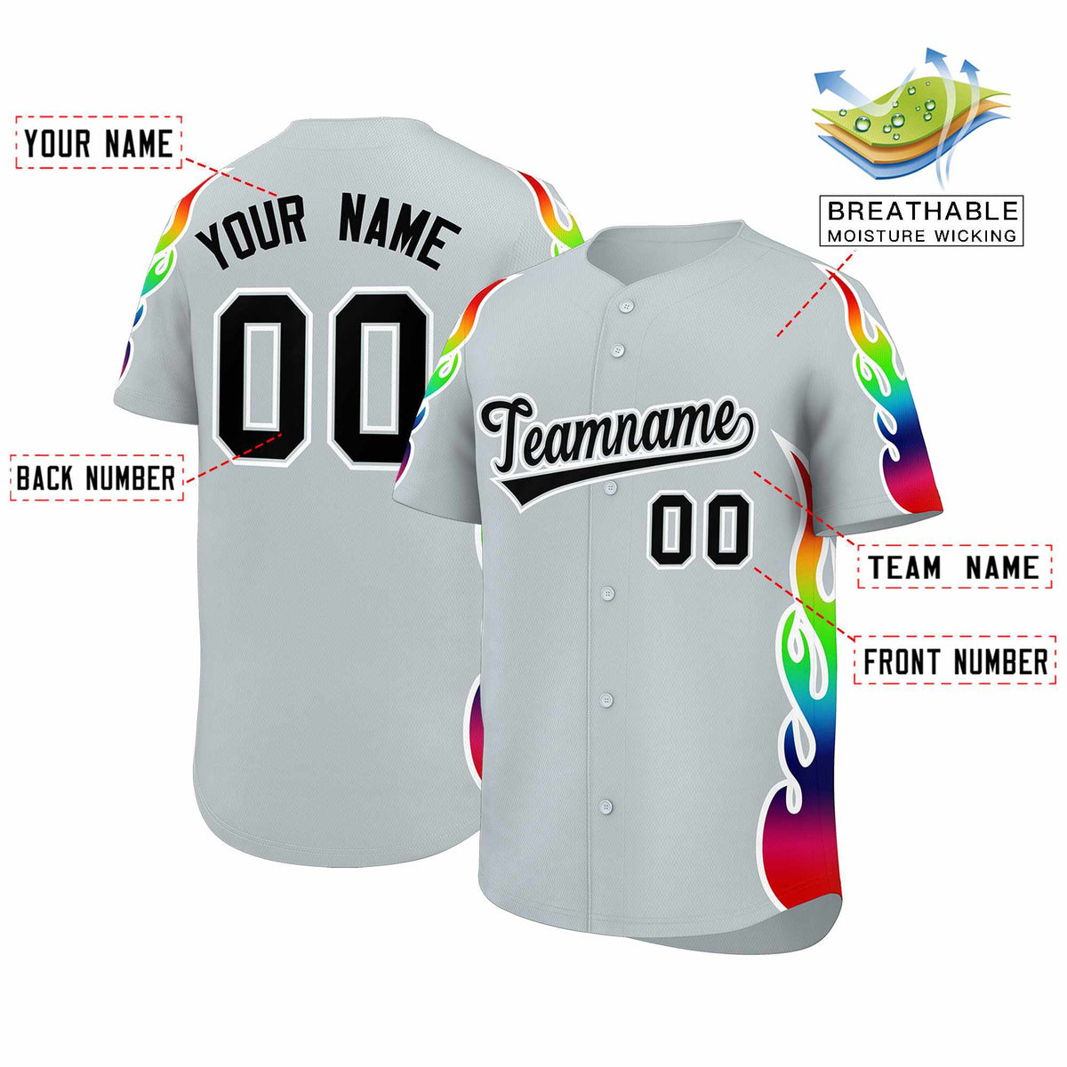 Custom Silver Graffiti Pattern Personalized Multicolored Flames Print Authentic Baseball Jersey