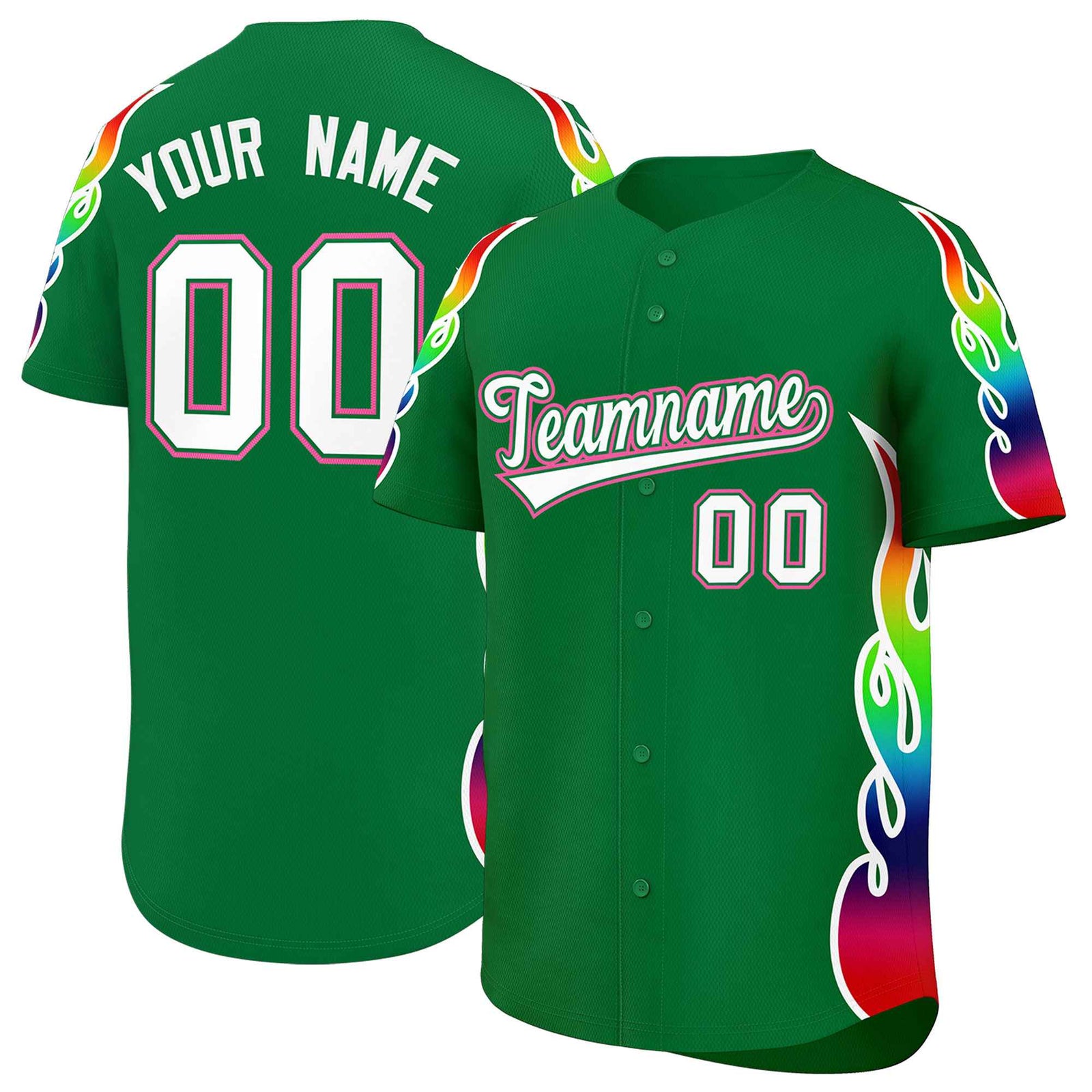 Custom Kelly Green Graffiti Pattern Personalized Multicolored Flames Print Authentic Baseball Jersey