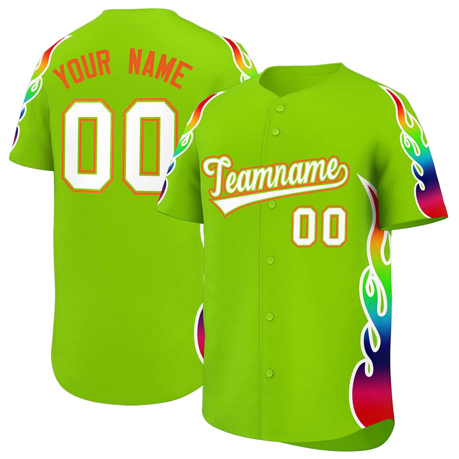 Custom Neon Green Graffiti Pattern Personalized Multicolored Flames Print Authentic Baseball Jersey