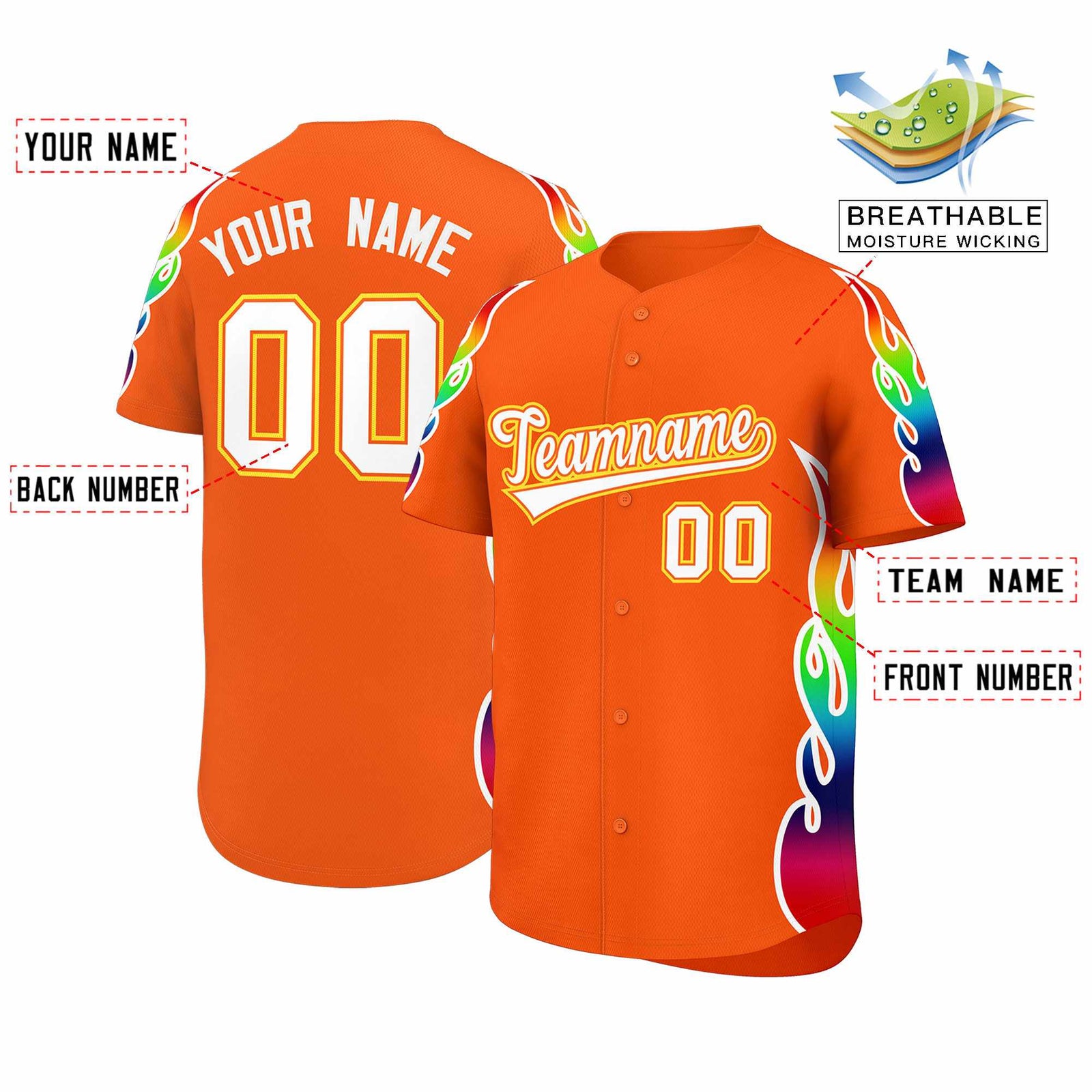 Custom Orange Graffiti Pattern Personalized Multicolored Flames Print Authentic Baseball Jersey