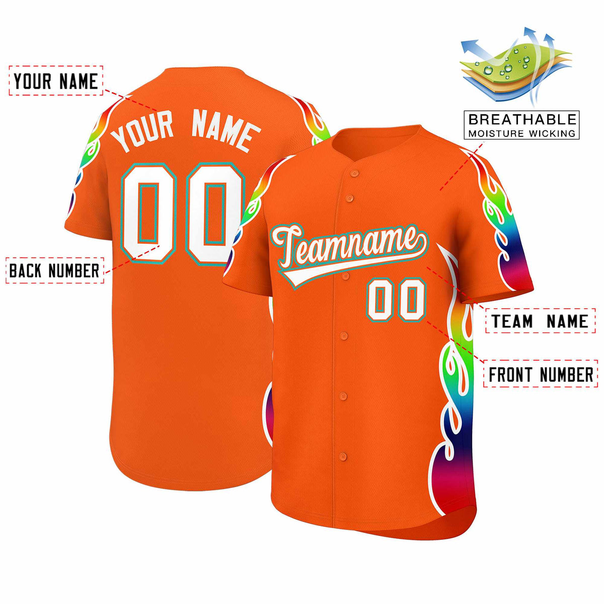 Custom Orange Graffiti Pattern Personalized Multicolored Flames Print Authentic Baseball Jersey