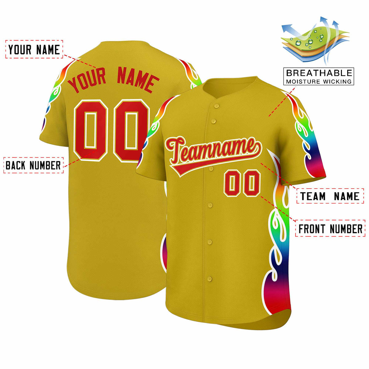 Custom Old Gold Graffiti Pattern Personalized Multicolored Flames Print Authentic Baseball Jersey