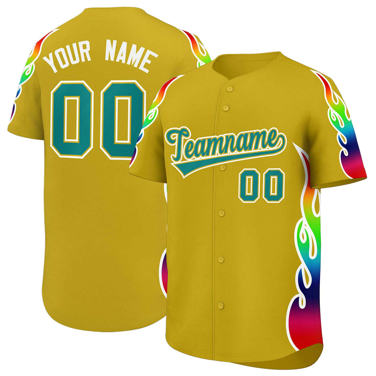 Custom Old Gold Graffiti Pattern Personalized Multicolored Flames Print Authentic Baseball Jersey