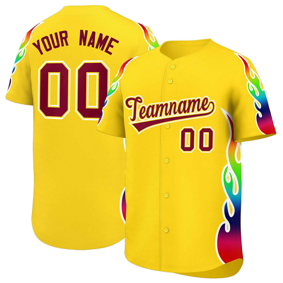Custom Gold Graffiti Pattern Personalized Multicolored Flames Print Authentic Baseball Jersey