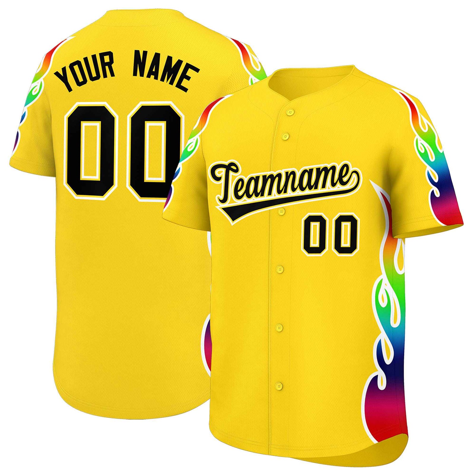Custom Gold Graffiti Pattern Personalized Multicolored Flames Print Authentic Baseball Jersey