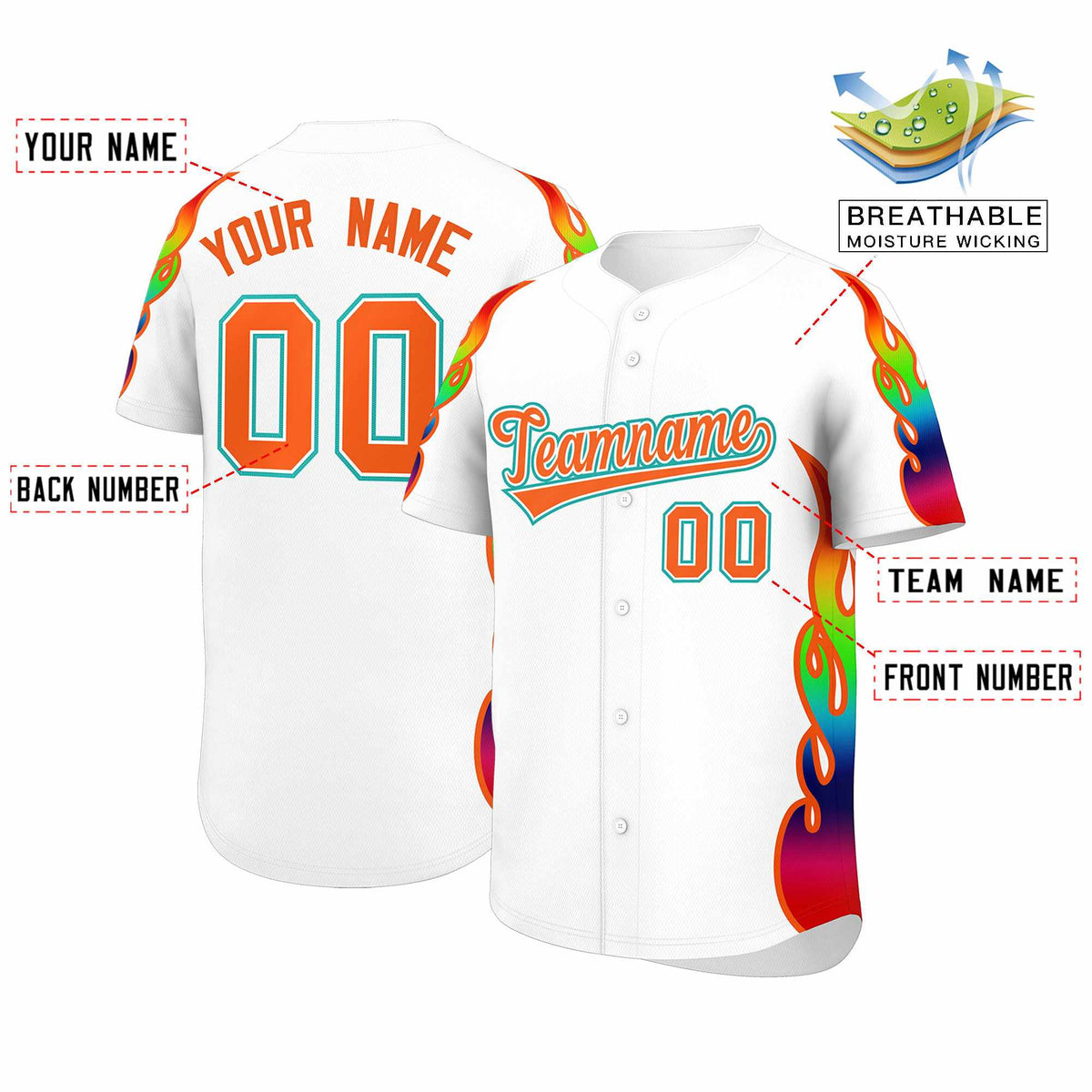 Custom White Graffiti Pattern Personalized Multicolored Flames Print Authentic Baseball Jersey