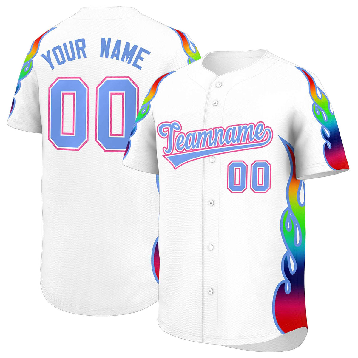 Custom White Graffiti Pattern Personalized Multicolored Flames Print Authentic Baseball Jersey