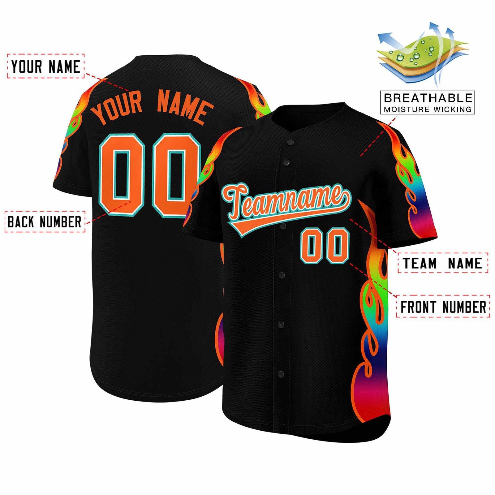Custom Black Graffiti Pattern Personalized Multicolored Flames Print Authentic Baseball Jersey