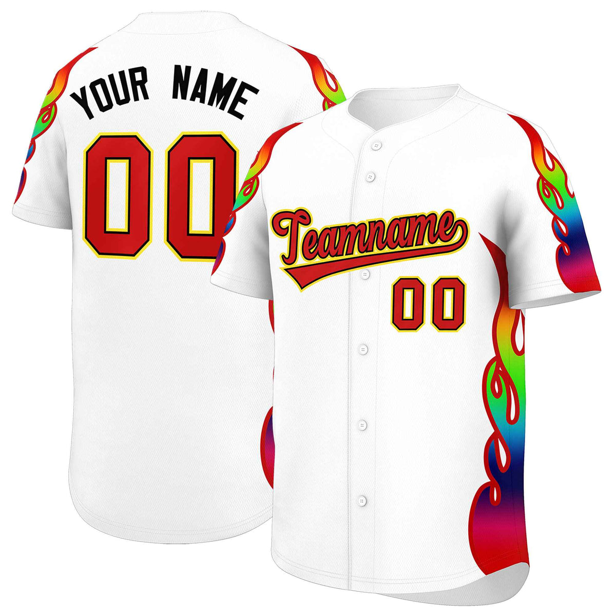Custom White Graffiti Pattern Personalized Multicolored Flames Print Authentic Baseball Jersey