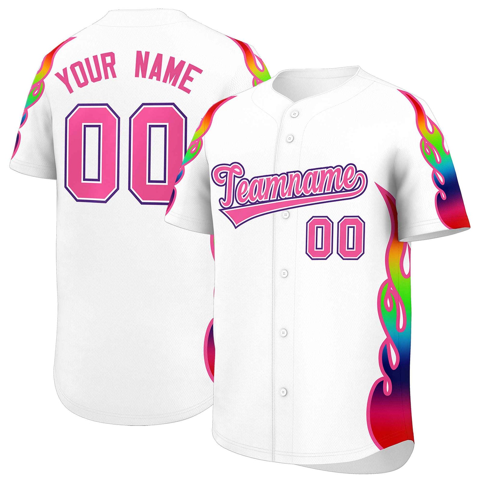 Custom White Graffiti Pattern Personalized Multicolored Flames Print Authentic Baseball Jersey