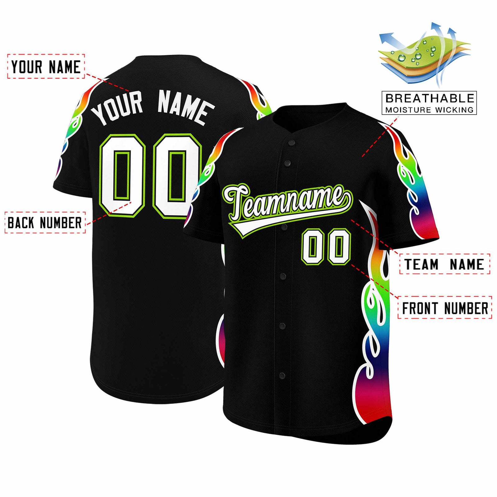 Custom Black Graffiti Pattern Personalized Multicolored Flames Print Authentic Baseball Jersey