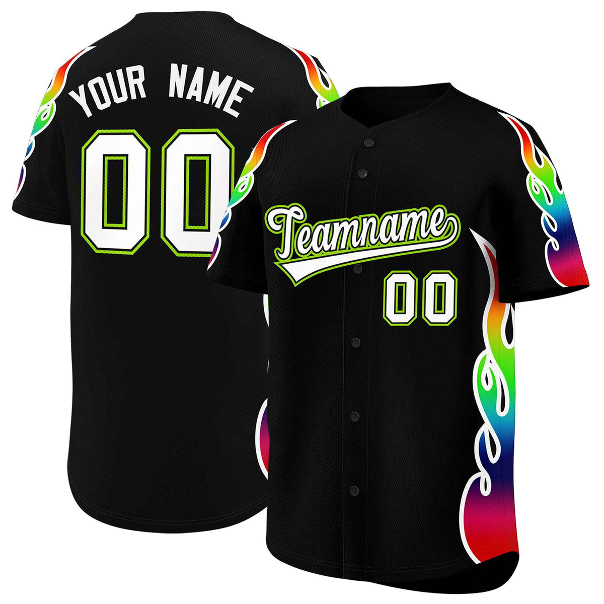 Custom Black Graffiti Pattern Personalized Multicolored Flames Print Authentic Baseball Jersey