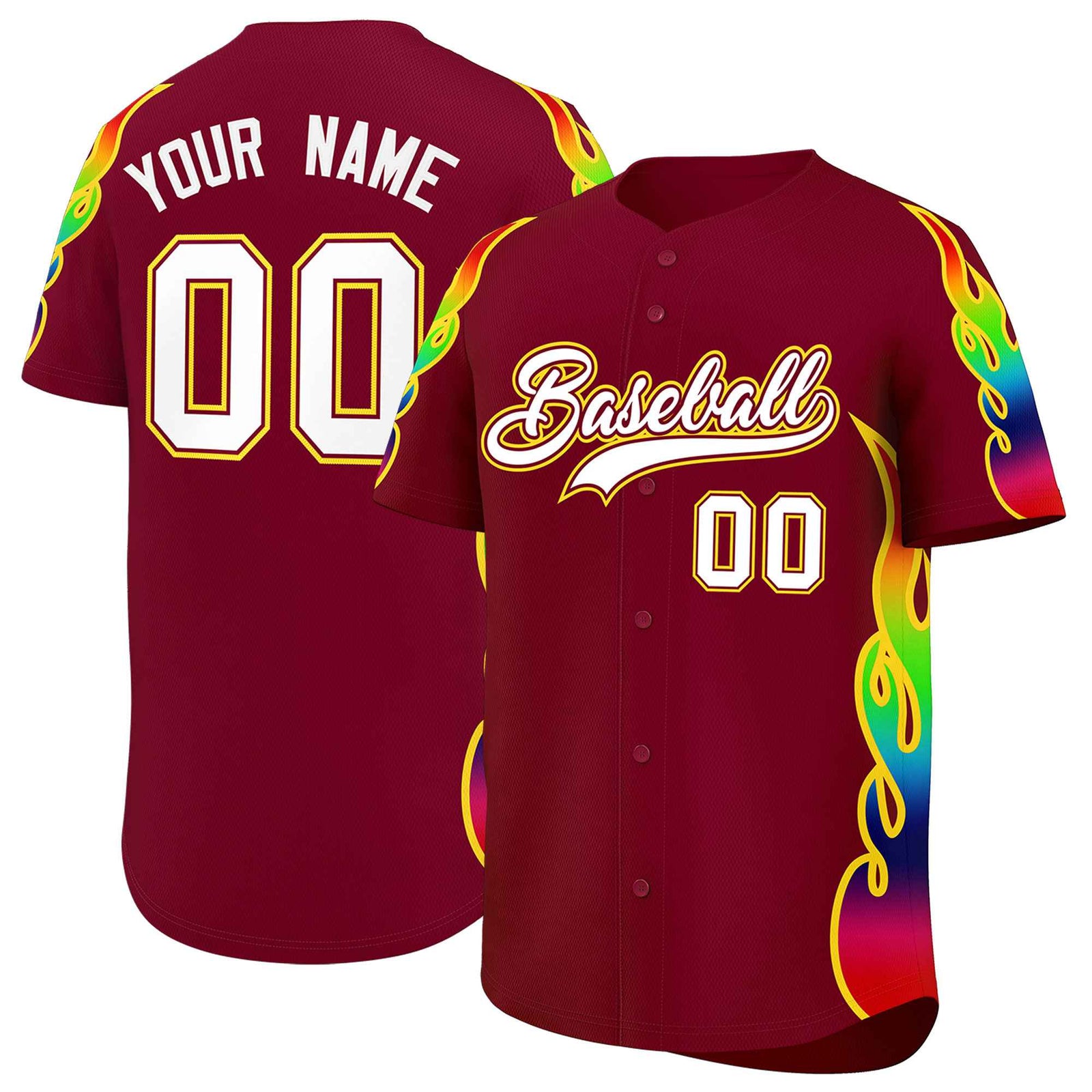 Custom Crimson Graffiti Pattern Personalized Multicolored Flames Print Authentic Baseball Jersey