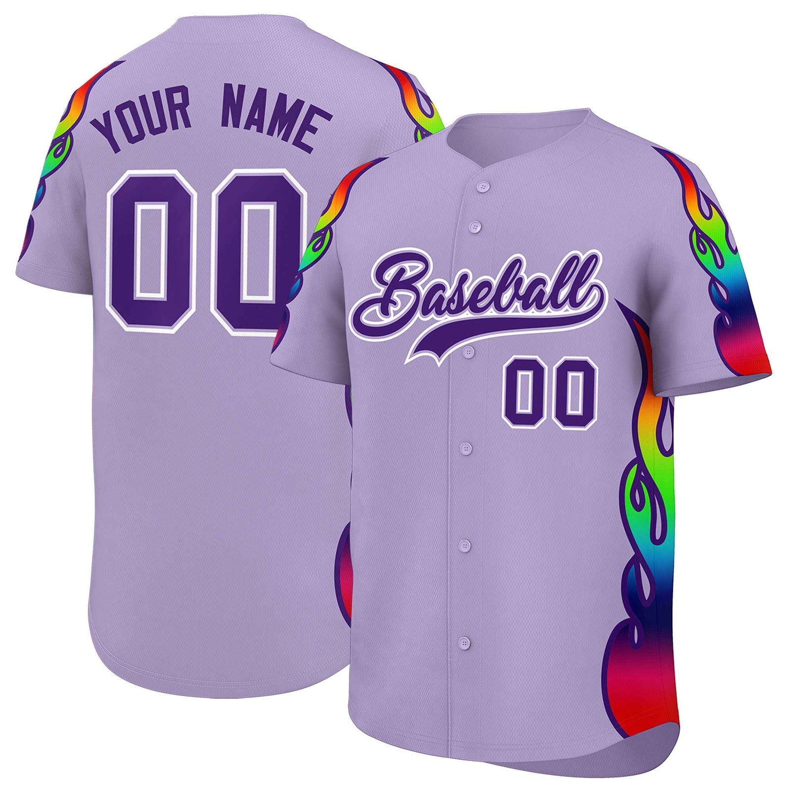 Custom Light Purple Graffiti Pattern Personalized Multicolored Flames Print Authentic Baseball Jersey
