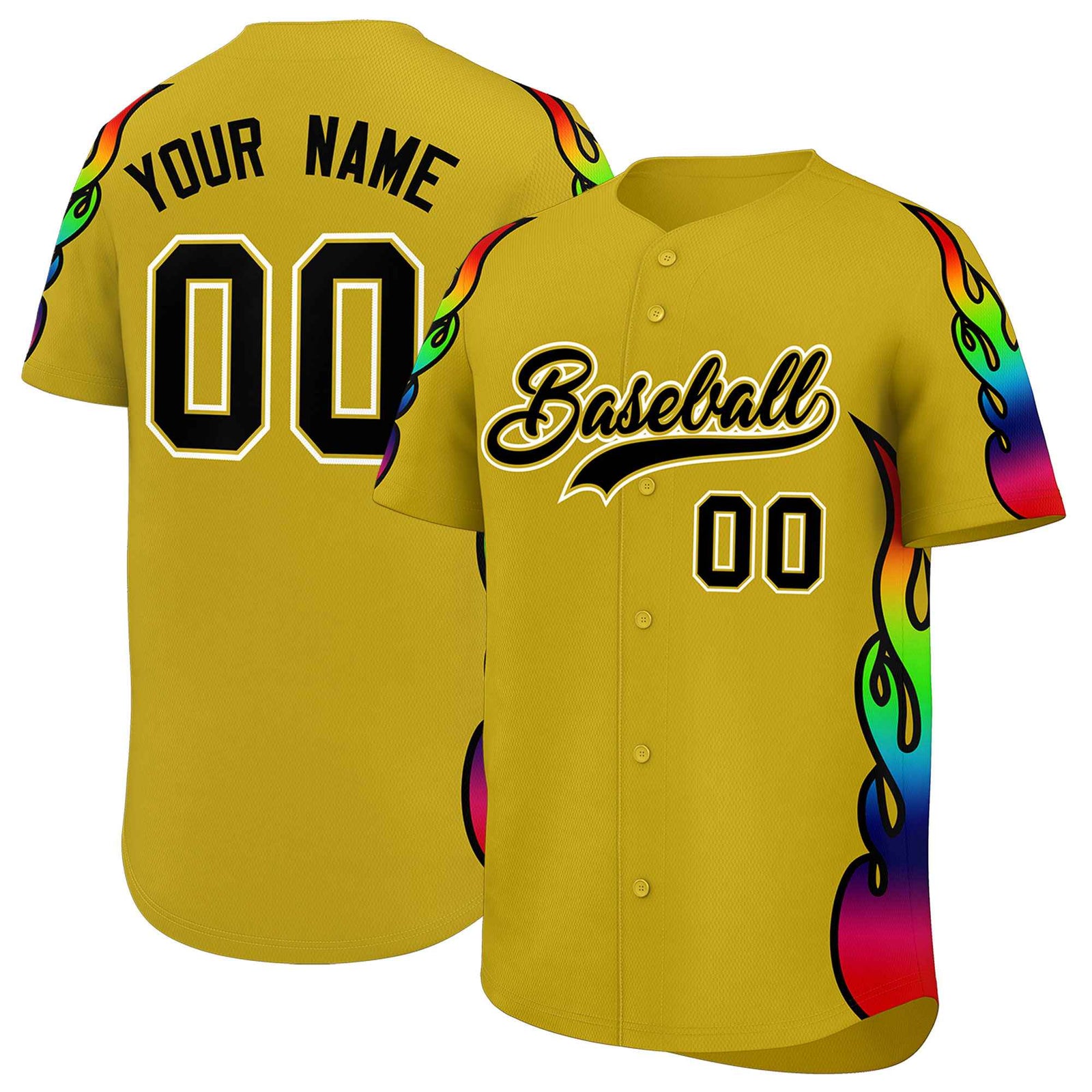 Custom Old Gold Graffiti Pattern Personalized Multicolored Flames Print Authentic Baseball Jersey