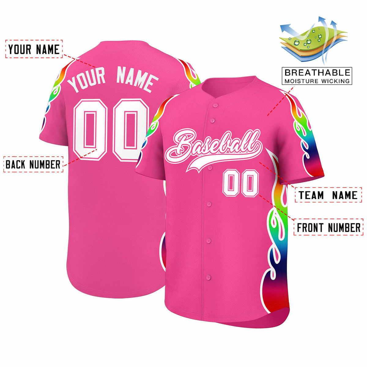 Custom Pink Graffiti Pattern Personalized Multicolored Flames Print Authentic Baseball Jersey