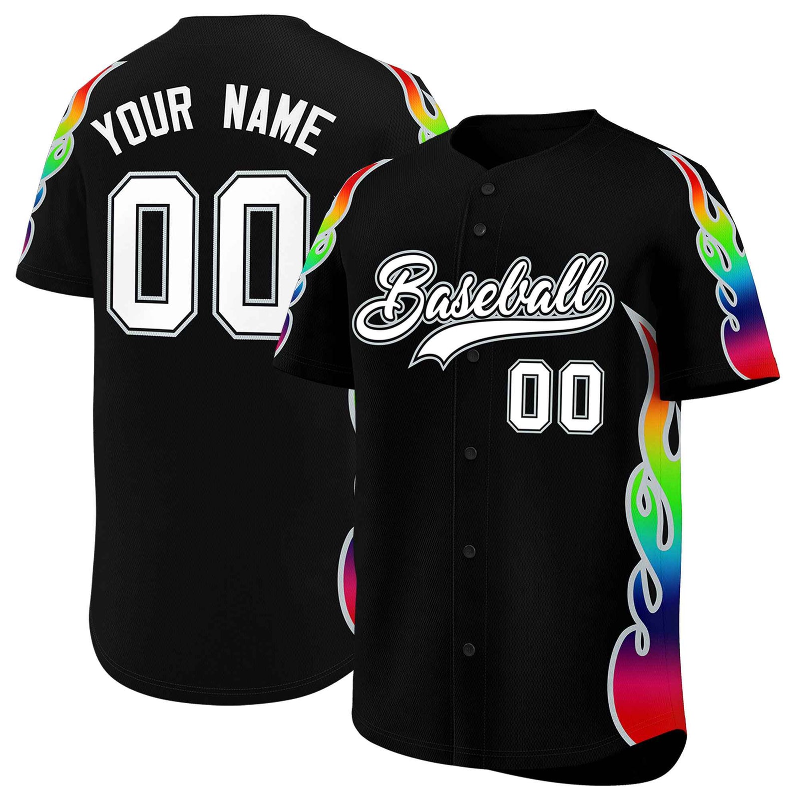 Custom Black Graffiti Pattern Personalized Multicolored Flames Print Authentic Baseball Jersey