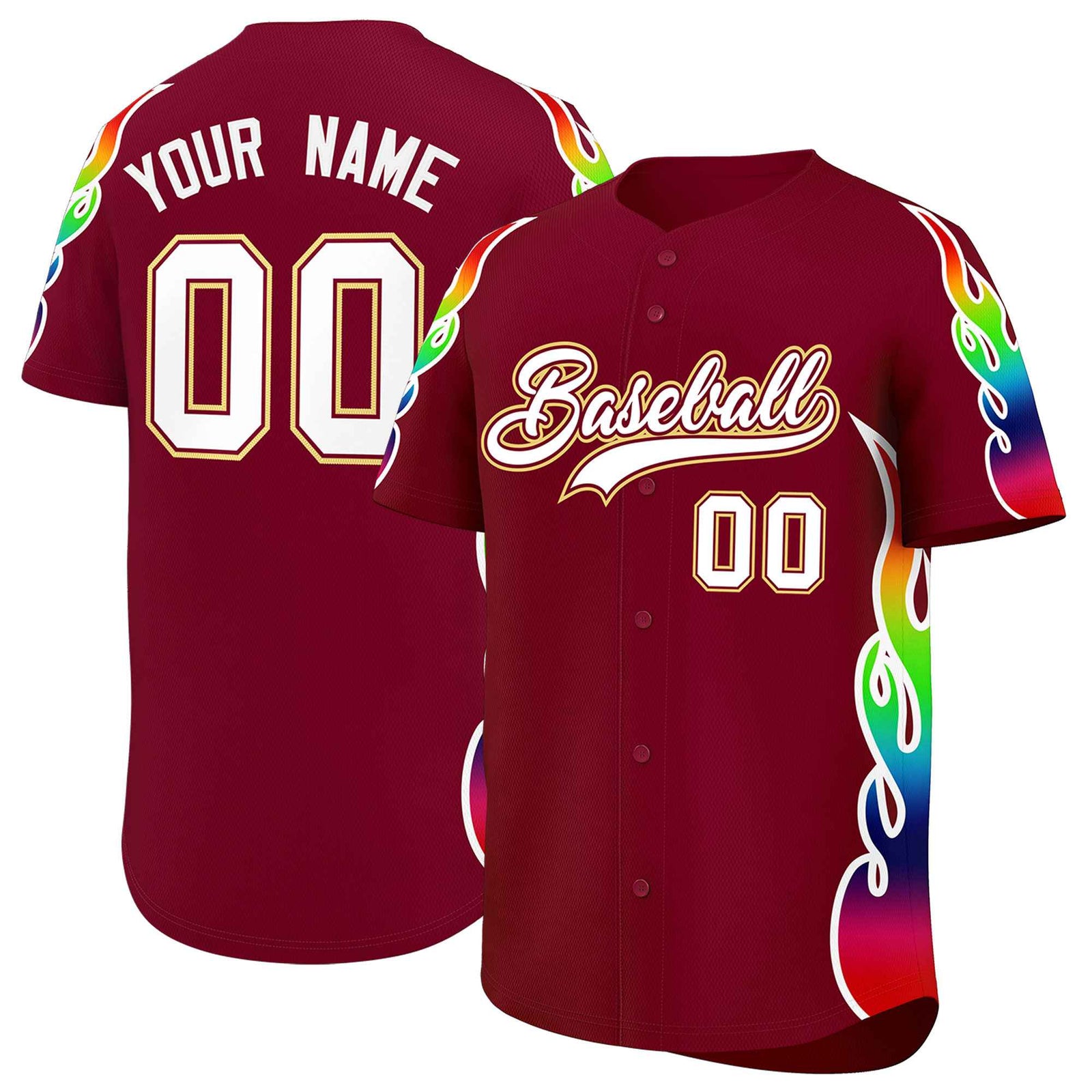 Custom Crimson Graffiti Pattern Personalized Multicolored Flames Print Authentic Baseball Jersey