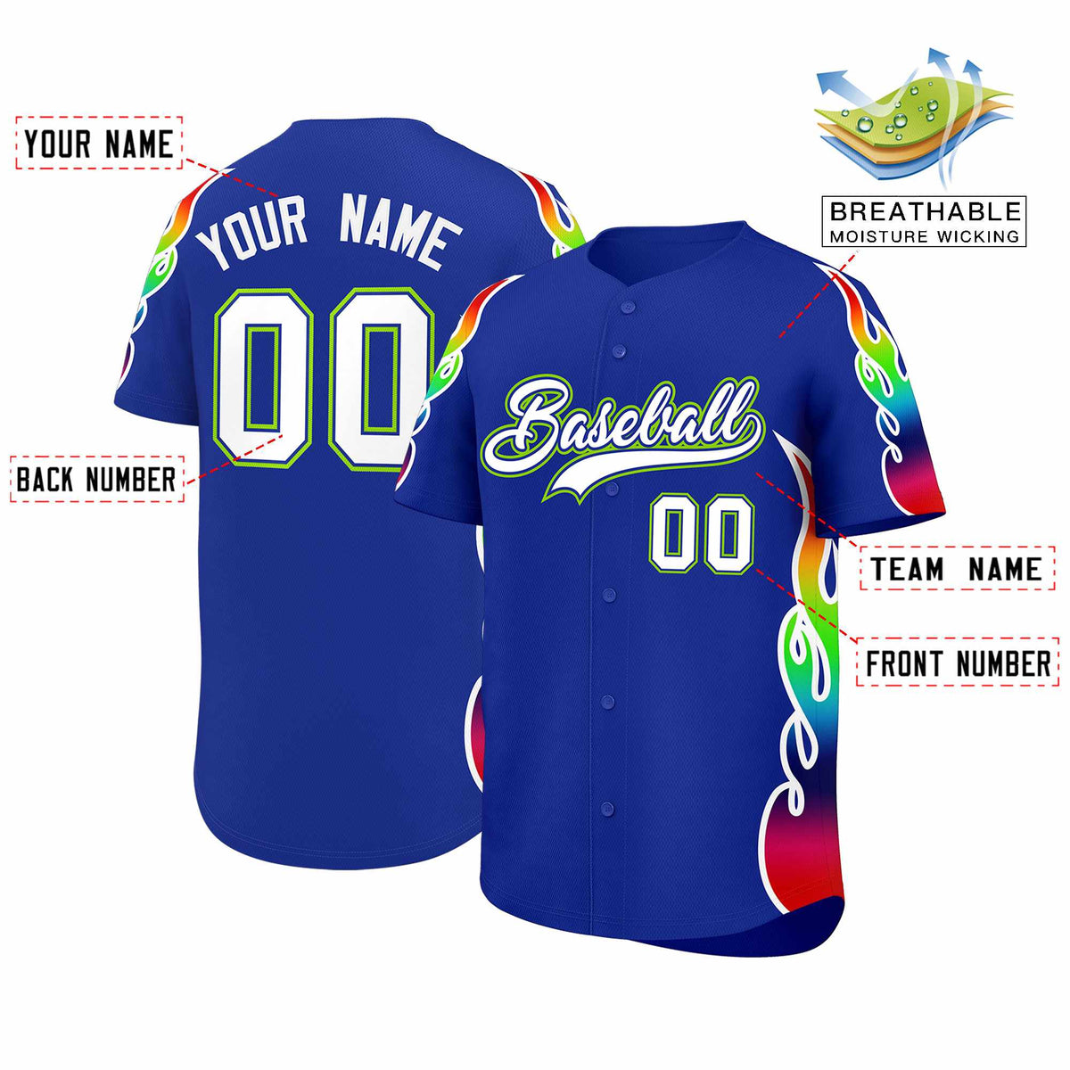 Custom Royal Graffiti Pattern Personalized Multicolored Flames Print Authentic Baseball Jersey