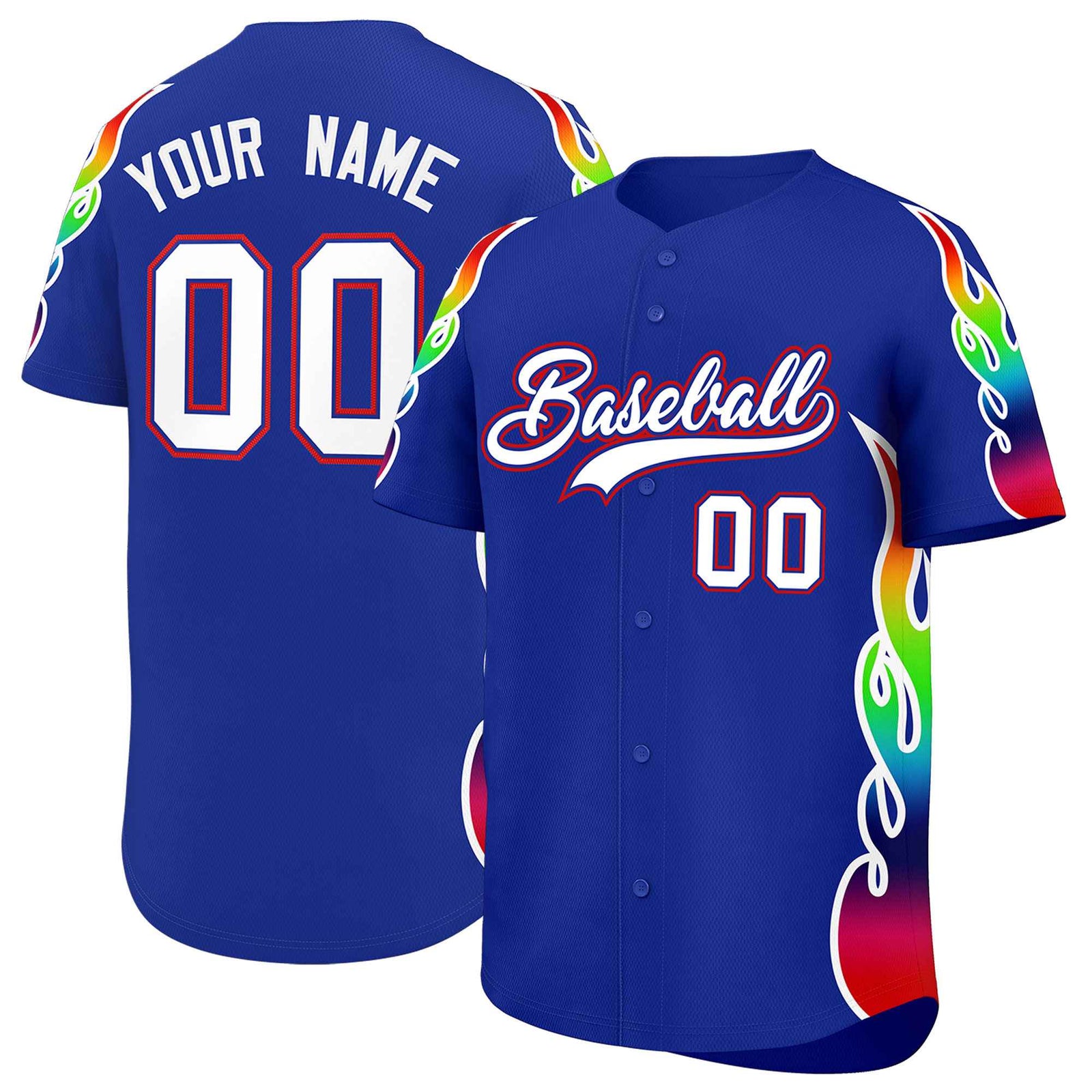Custom Royal Graffiti Pattern Personalized Multicolored Flames Print Authentic Baseball Jersey