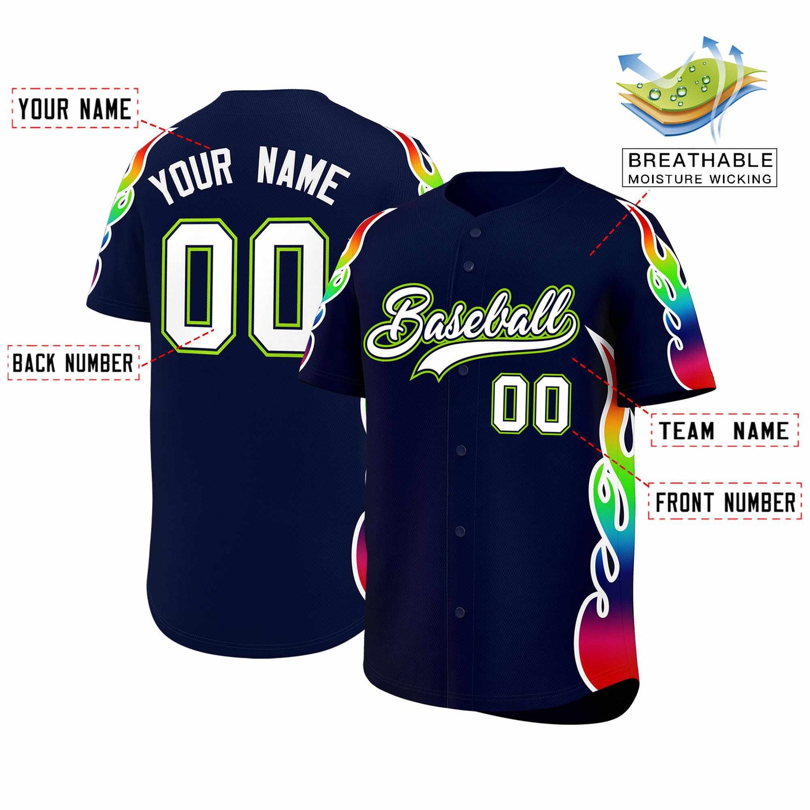 Custom Navy Graffiti Pattern Personalized Multicolored Flames Print Authentic Baseball Jersey