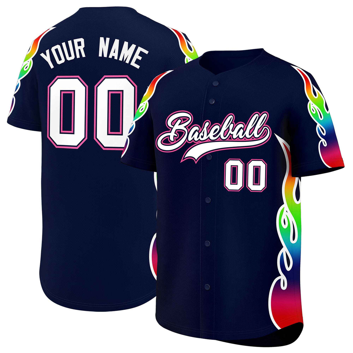 Custom Navy Graffiti Pattern Personalized Multicolored Flames Print Authentic Baseball Jersey