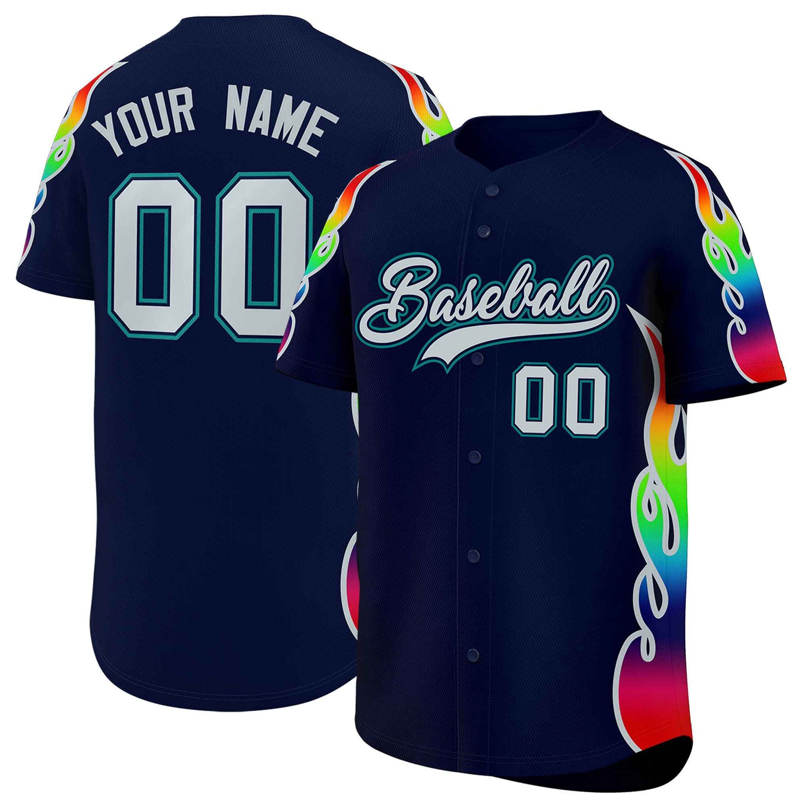 Custom Navy Graffiti Pattern Personalized Multicolored Flames Print Authentic Baseball Jersey