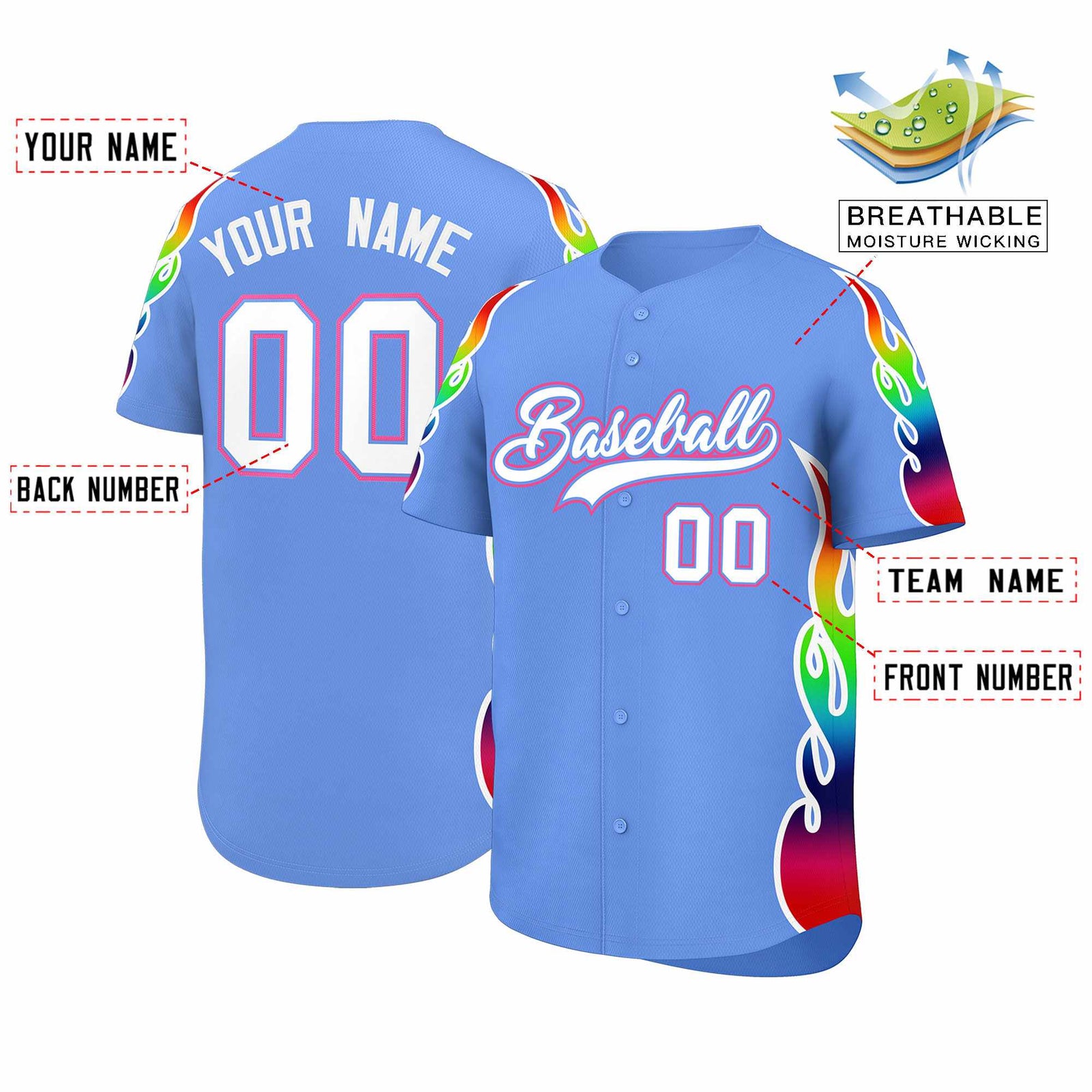 Custom Light Blue Graffiti Pattern Personalized Multicolored Flames Print Authentic Baseball Jersey