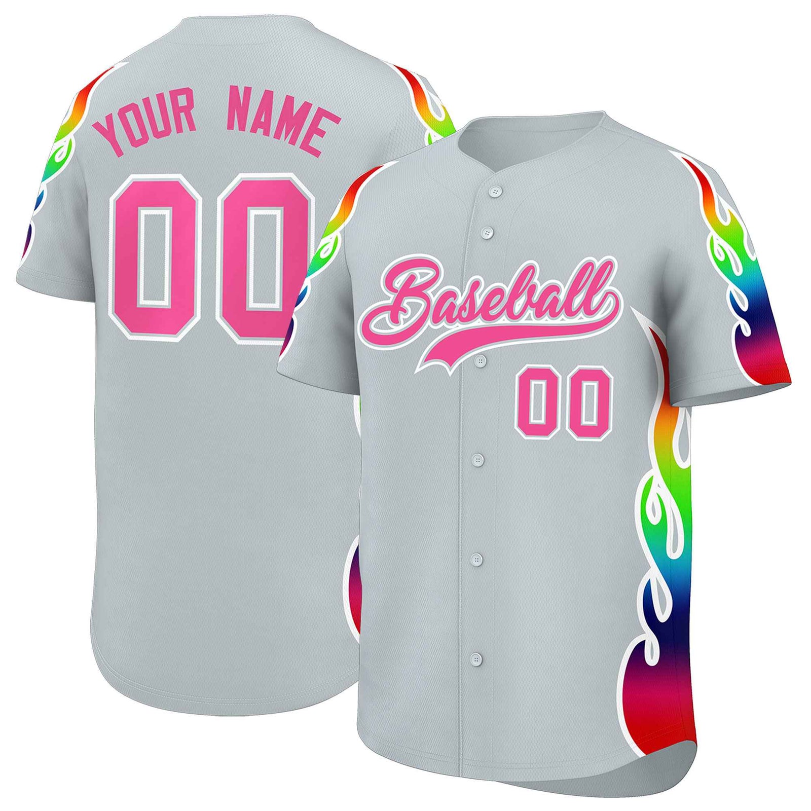 Custom Silver Graffiti Pattern Personalized Multicolored Flames Print Authentic Baseball Jersey