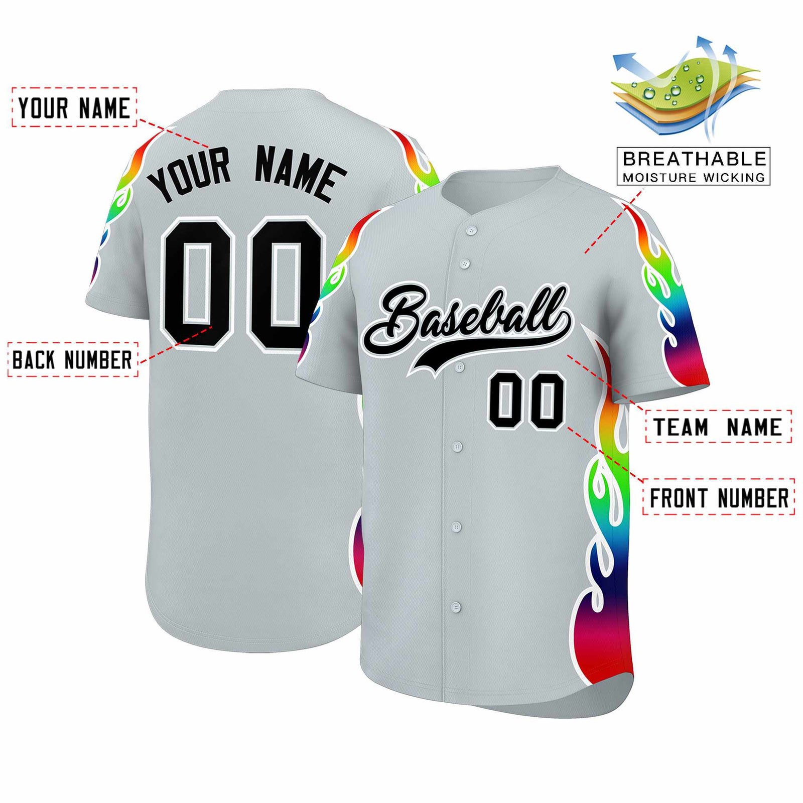 Custom Silver Graffiti Pattern Personalized Multicolored Flames Print Authentic Baseball Jersey