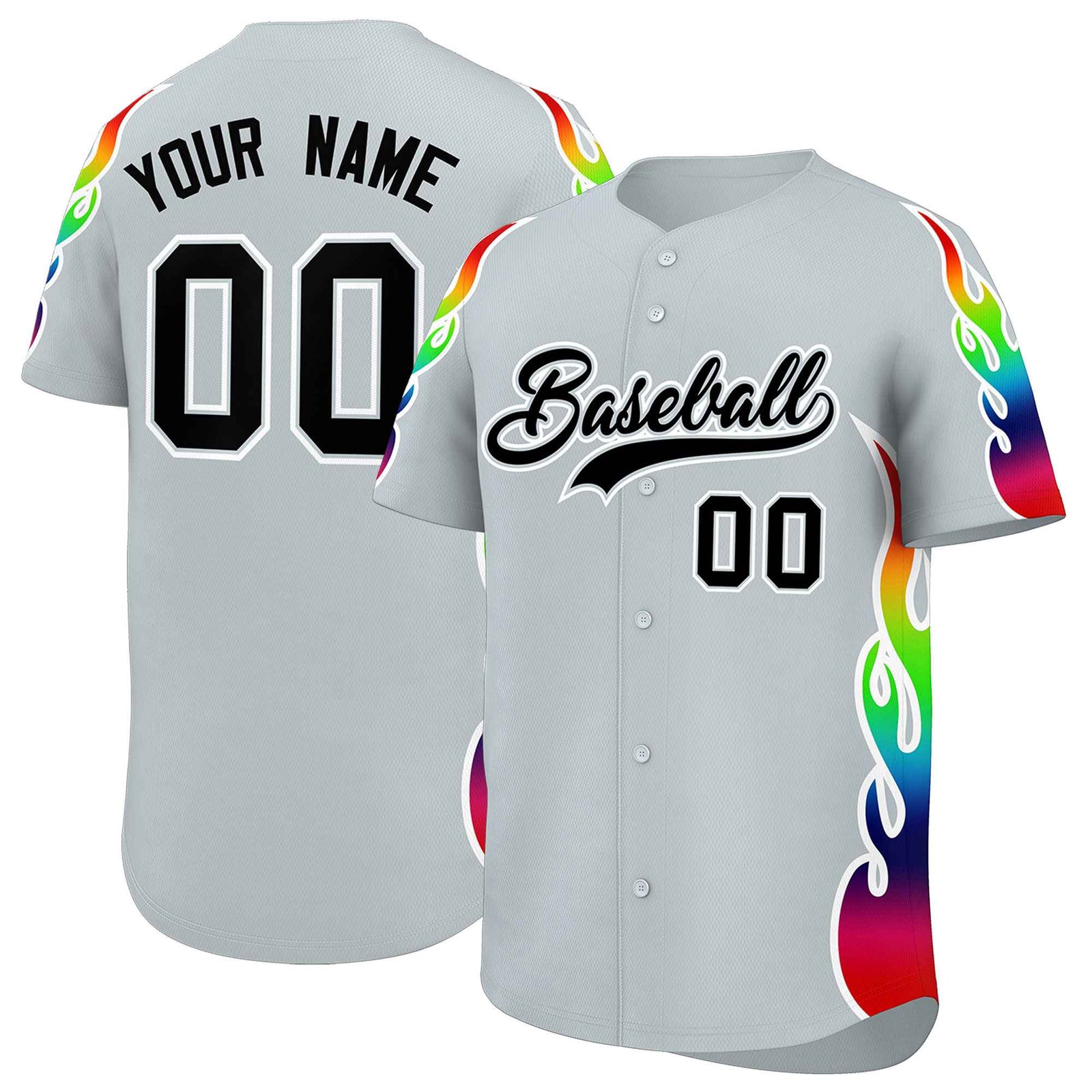 Custom Silver Graffiti Pattern Personalized Multicolored Flames Print Authentic Baseball Jersey
