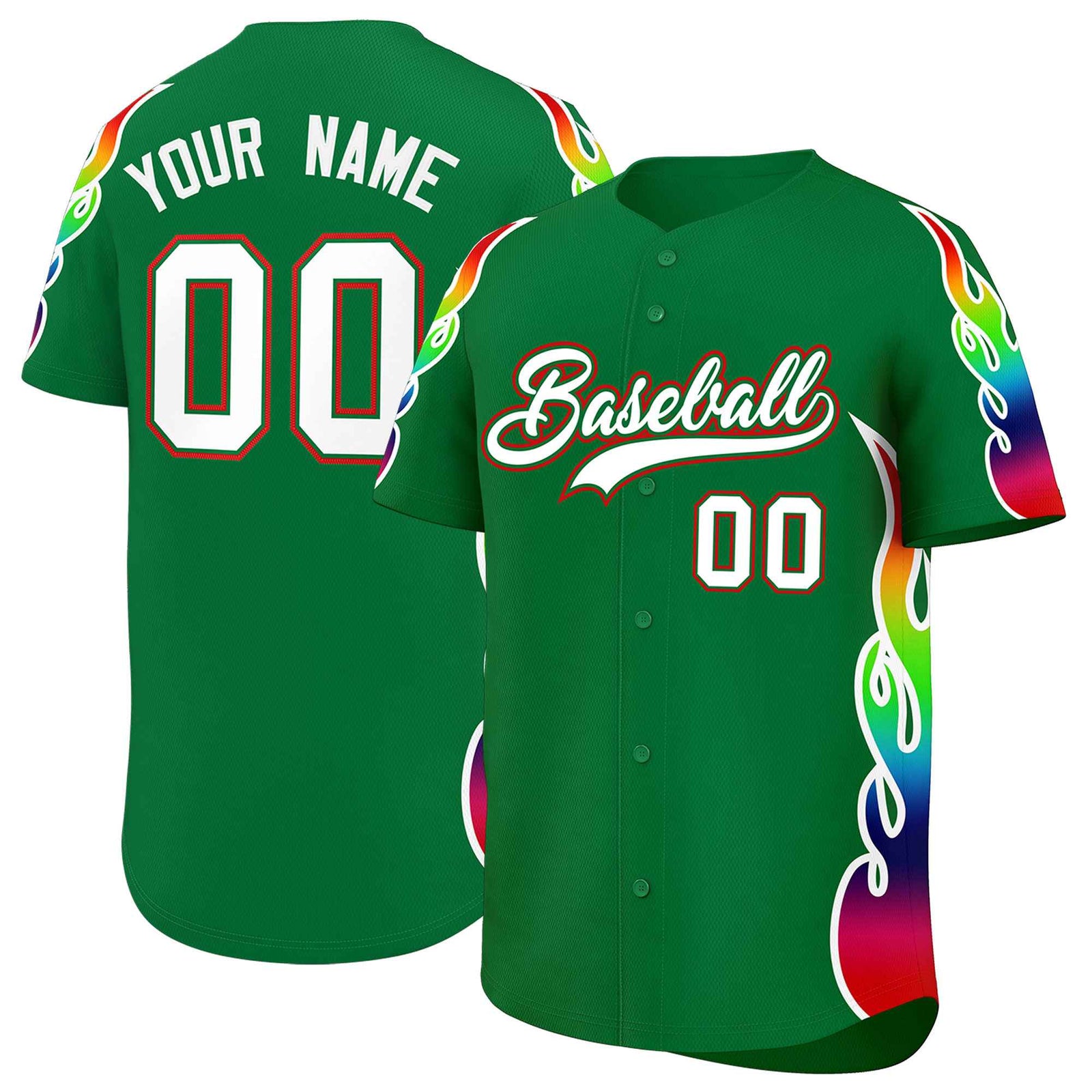 Custom Kelly Green Graffiti Pattern Personalized Multicolored Flames Print Authentic Baseball Jersey