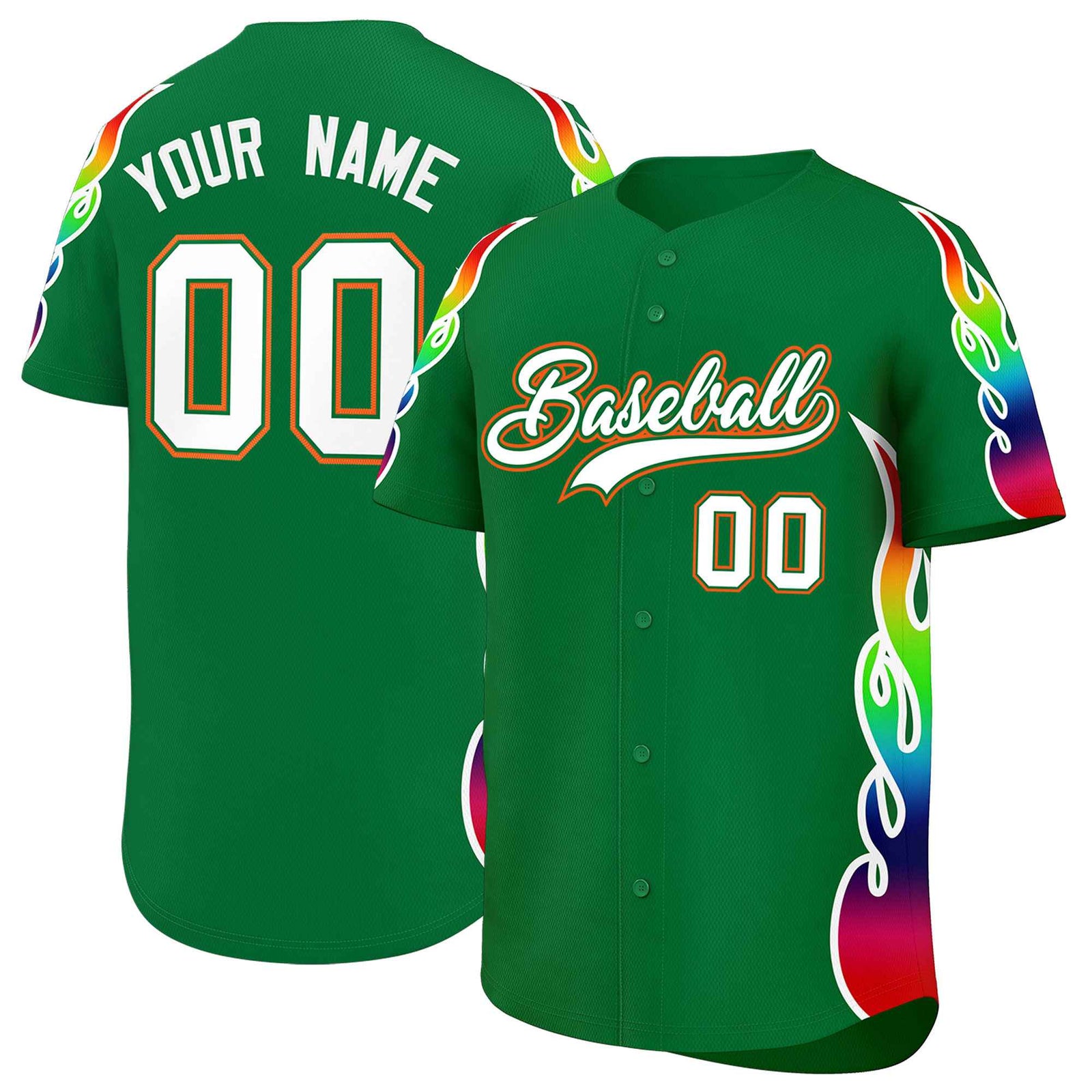Custom Kelly Green Graffiti Pattern Personalized Multicolored Flames Print Authentic Baseball Jersey
