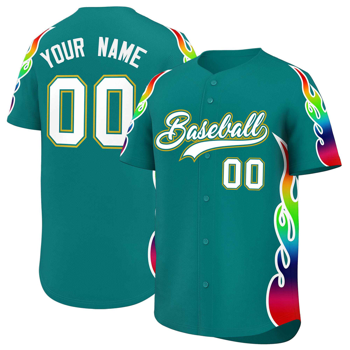 Custom Aqua Graffiti Pattern Personalized Multicolored Flames Print Authentic Baseball Jersey