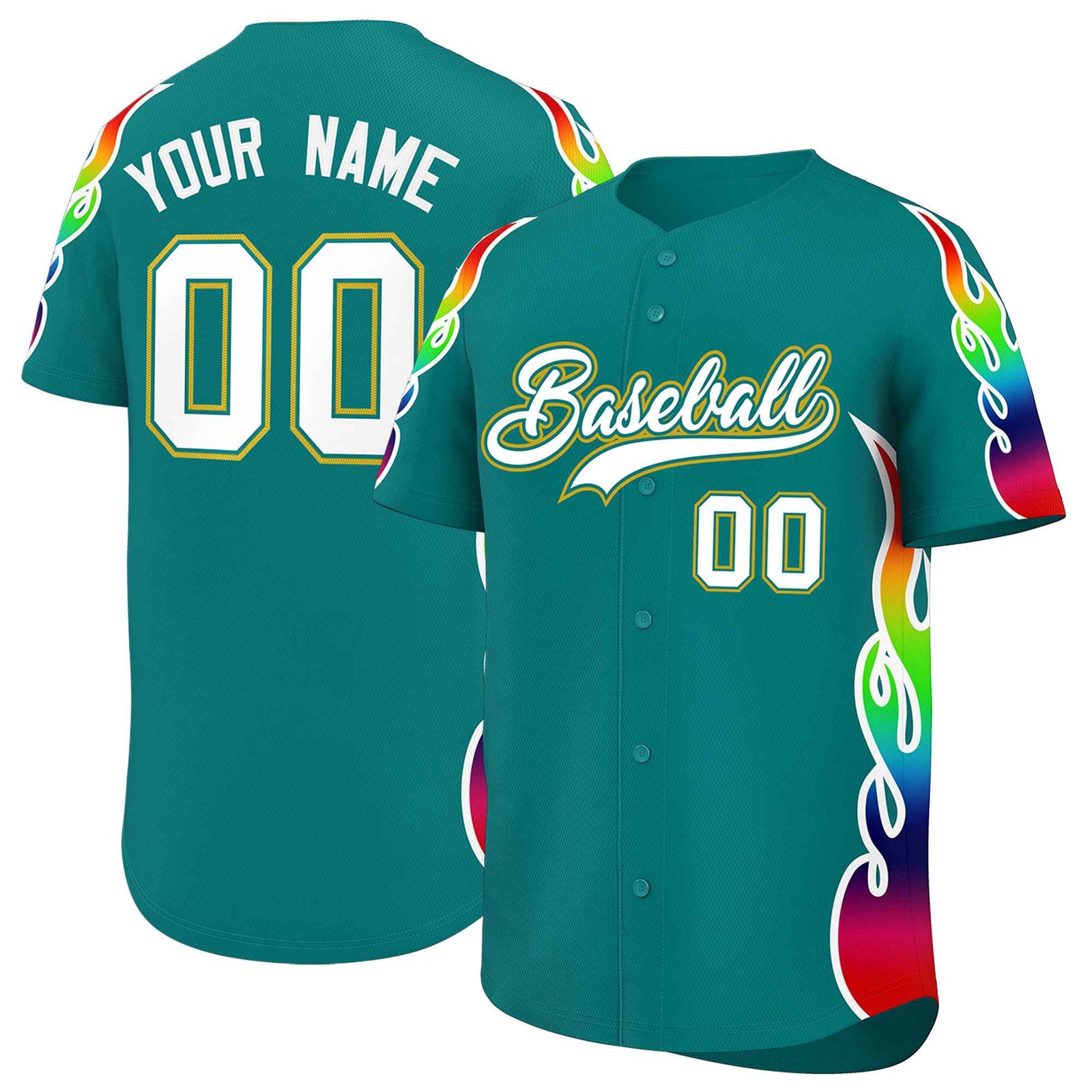 Custom Aqua Graffiti Pattern Personalized Multicolored Flames Print Authentic Baseball Jersey