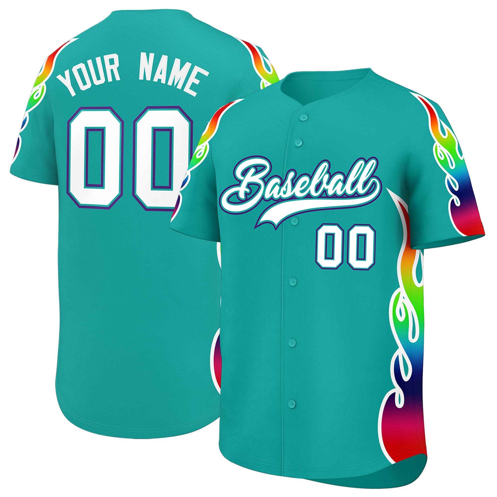 Custom Aqua Graffiti Pattern Personalized Multicolored Flames Print Authentic Baseball Jersey