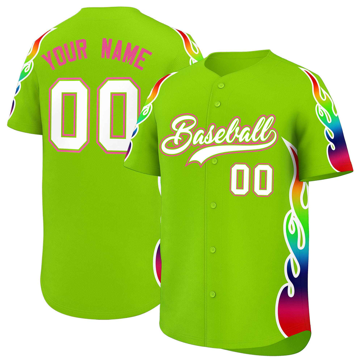 Custom Neon Green Graffiti Pattern Personalized Multicolored Flames Print Authentic Baseball Jersey