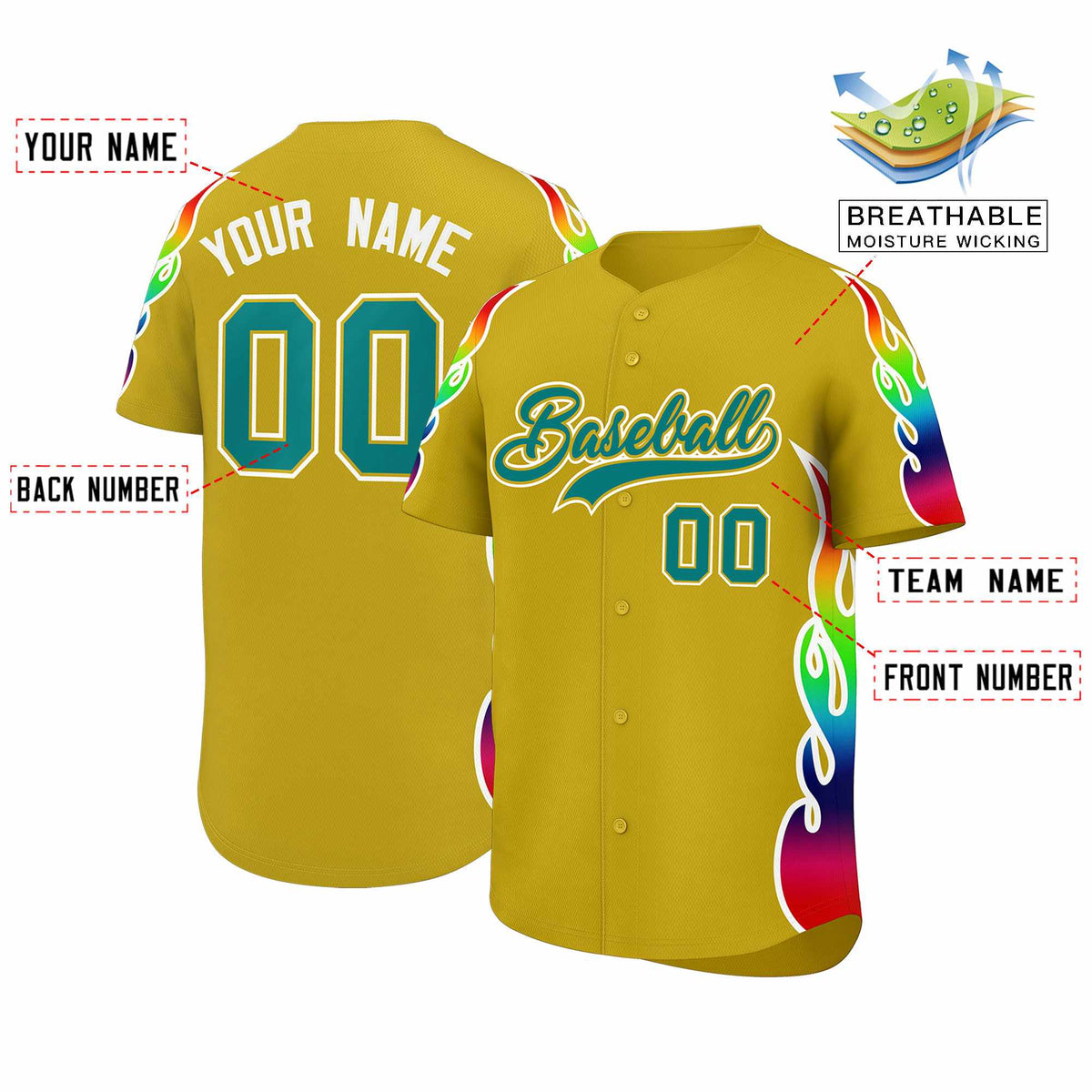 Custom Old Gold Graffiti Pattern Personalized Multicolored Flames Print Authentic Baseball Jersey