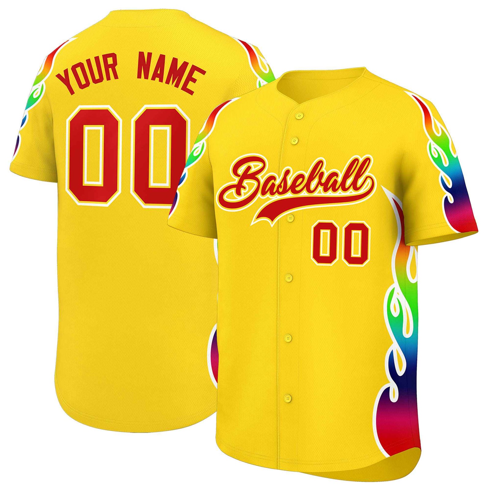 Custom Gold Graffiti Pattern Personalized Multicolored Flames Print Authentic Baseball Jersey
