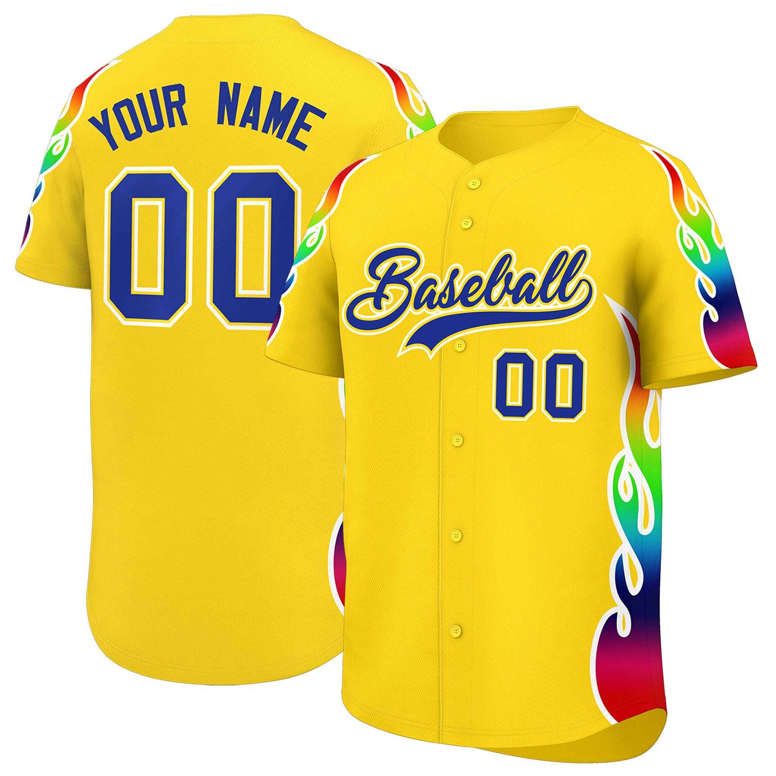 Custom Gold Graffiti Pattern Personalized Multicolored Flames Print Authentic Baseball Jersey