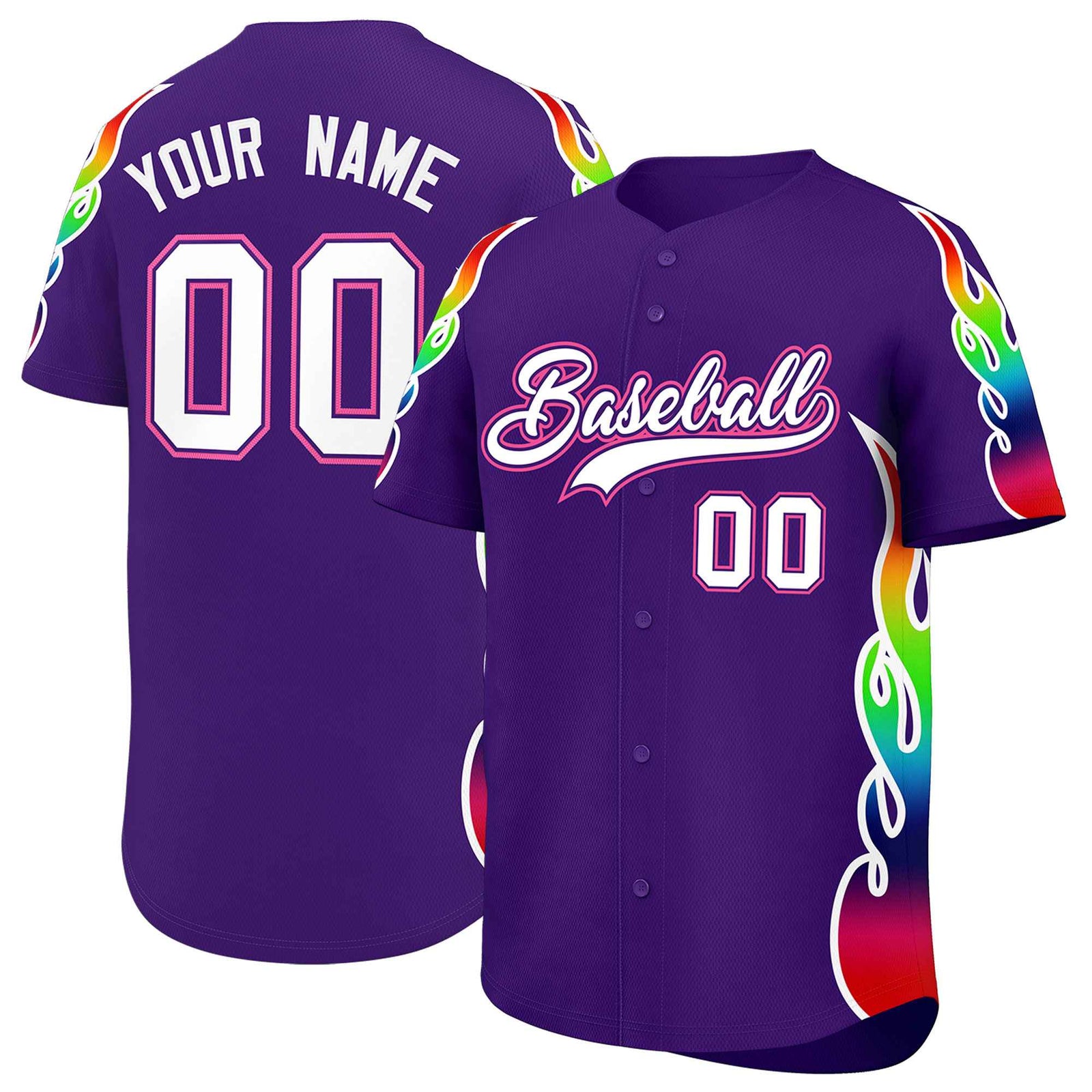 Custom Purple Graffiti Pattern Personalized Multicolored Flames Print Authentic Baseball Jersey