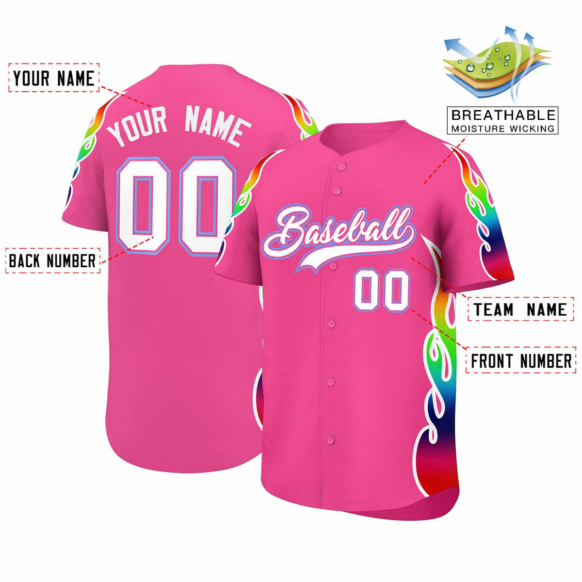 Custom Pink Graffiti Pattern Personalized Multicolored Flames Print Authentic Baseball Jersey