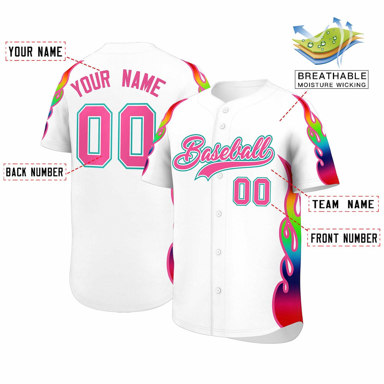 Custom White Graffiti Pattern Personalized Multicolored Flames Print Authentic Baseball Jersey