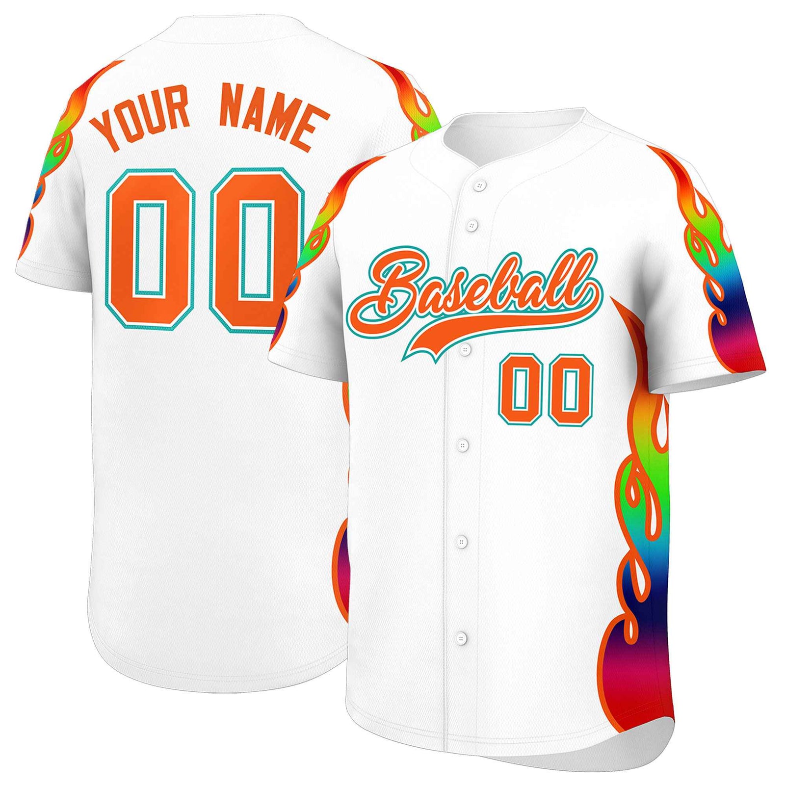 Custom White Graffiti Pattern Personalized Multicolored Flames Print Authentic Baseball Jersey