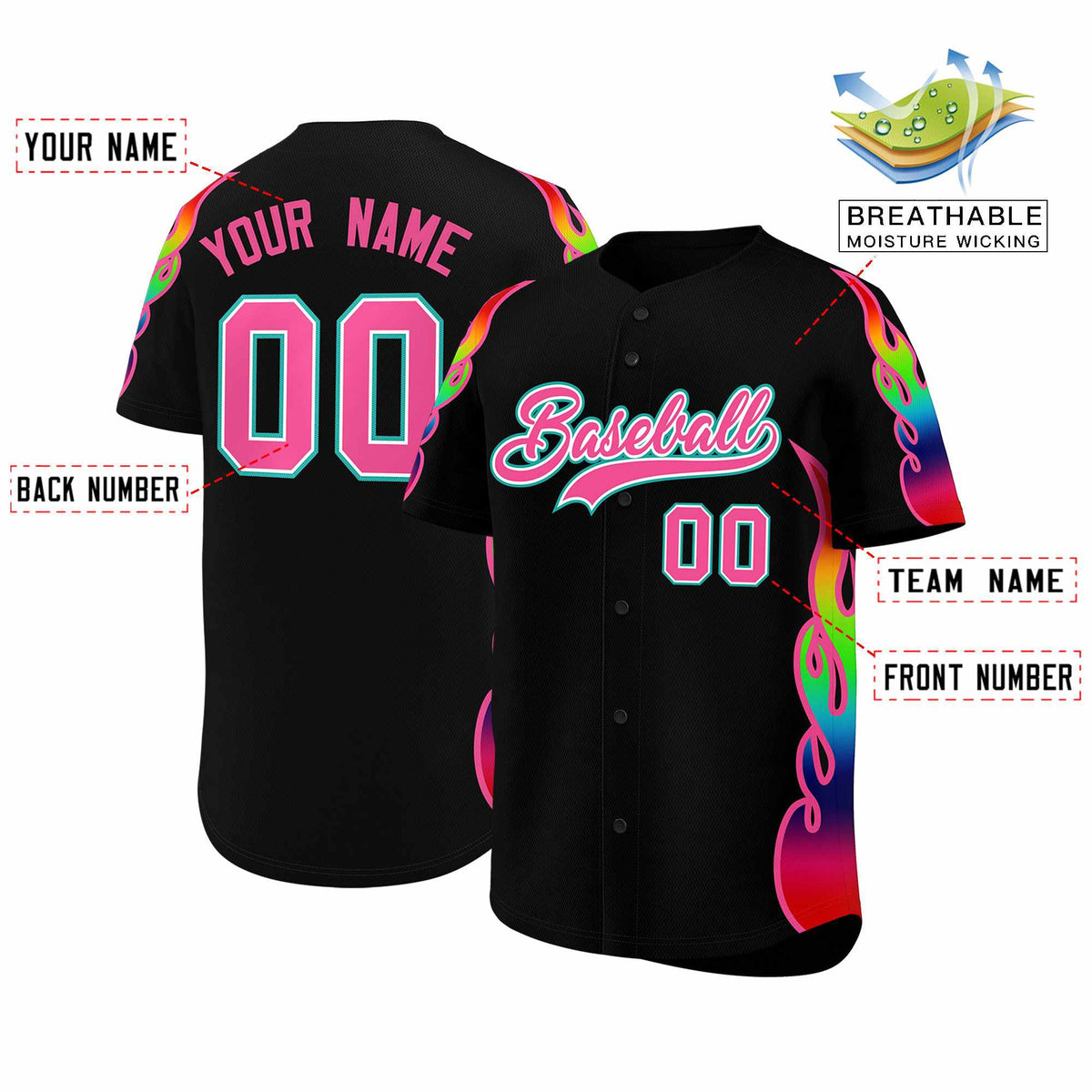Custom Black Graffiti Pattern Personalized Multicolored Flames Print Authentic Baseball Jersey