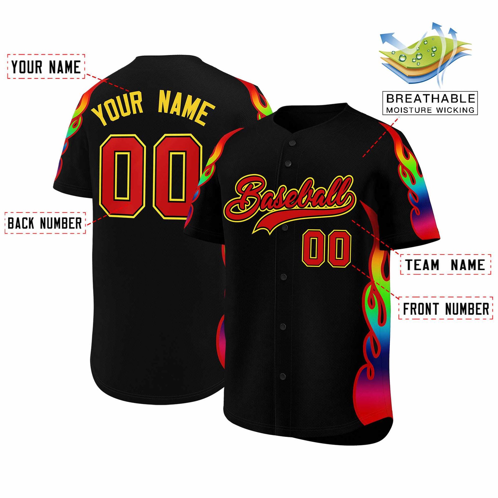 Custom Black Graffiti Pattern Personalized Multicolored Flames Print Authentic Baseball Jersey